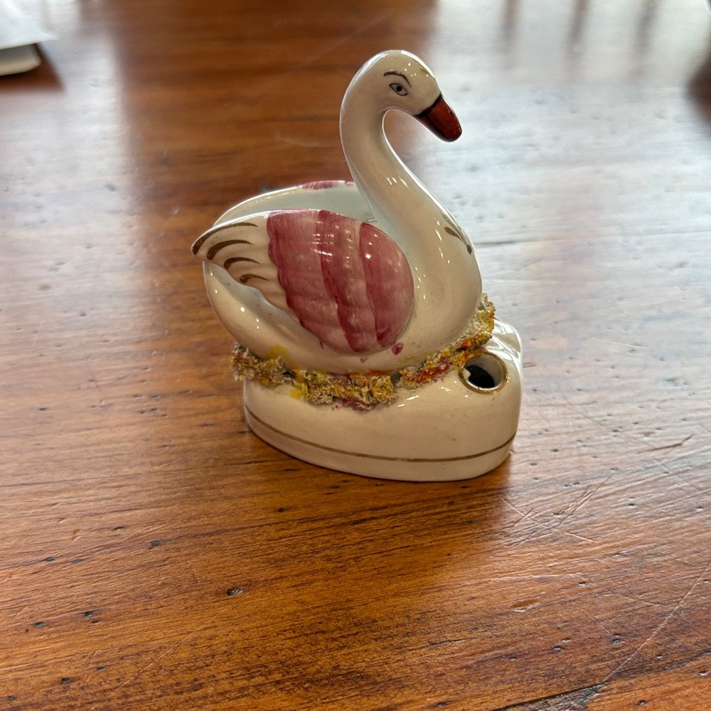 Vintage Ceramic Swan Figurine with Pink Accents